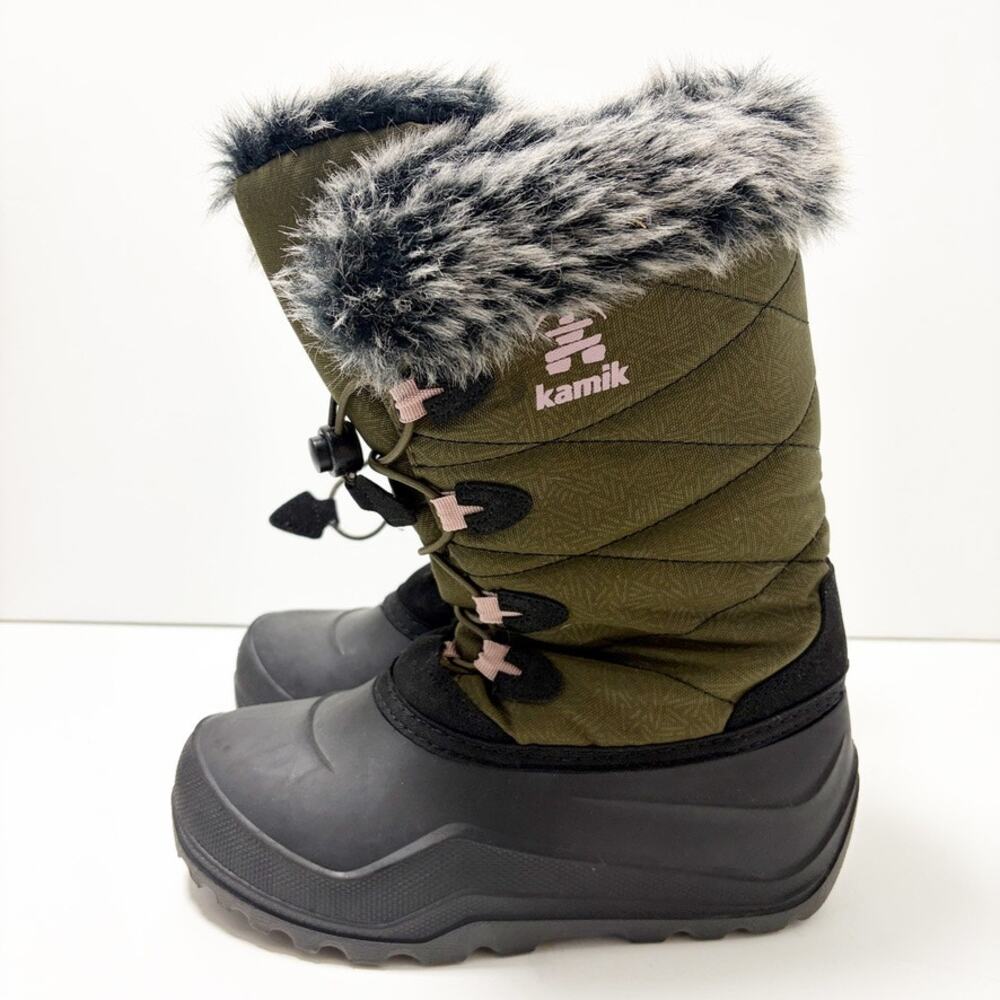 Kamik Snowangel Winter Boots Youth 4 Olive Green Faux Fur Waterproof Rubble Sole